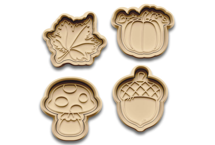 Keksausstecher Set Herbst – 4-teilig mit Stempel – Blatt, Kürbis, Pilz, Eichel – Ausstechformen aus