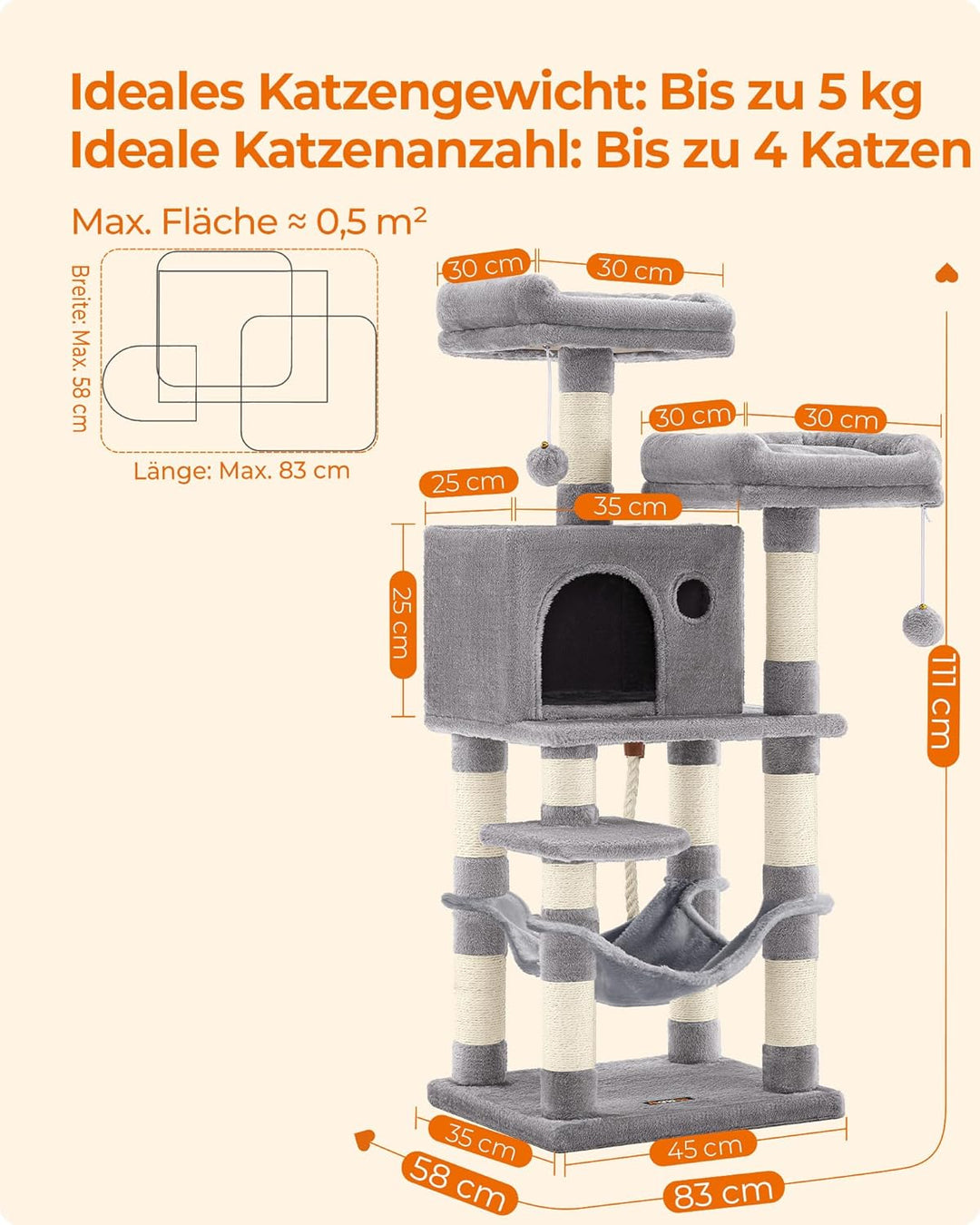 Feandrea Kratzbaum, 112 cm hoch, Katzenbaum mit 11 Kratzsäulen, 2 Plattformen, 1 Katzenhöhle, 1 Häng