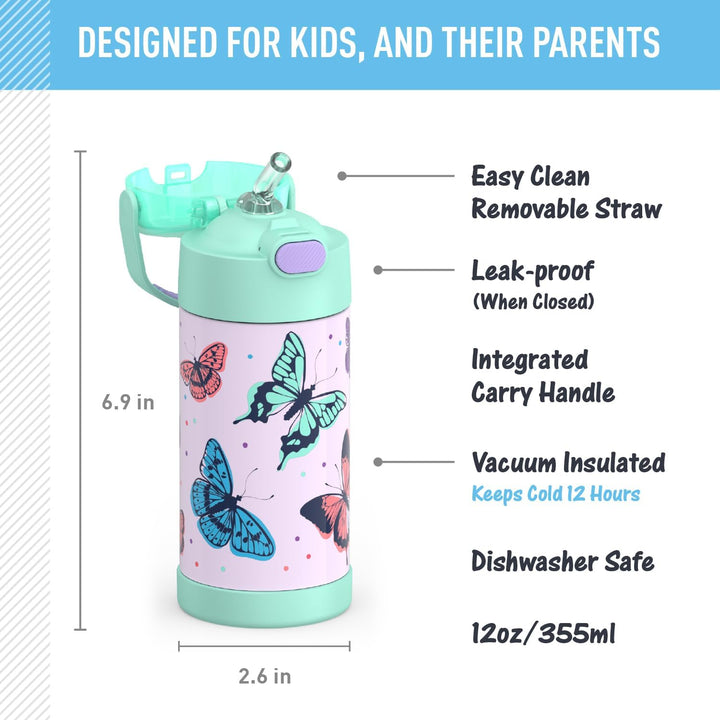 THERMOS Funtainer Kinder-Strohhalmflasche, Edelstahl, vakuumisoliert, 340 ml, Schmetterlingsfrenzy F