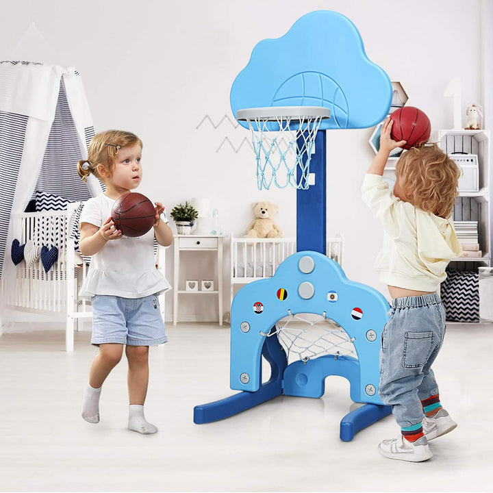 COSTWAY 3 in 1 Kinder Spielplatz, höhenverstellbarer Basketballkorb & Fussballtor & Golf, Basketball