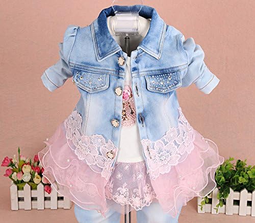 Yao Baby kleidung,Baby Mädchen Kleidungsset 3tlg Button-Stil Jeansjacke gestickte langarm T-Shirt un