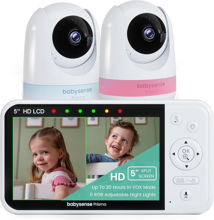 Babysense Prisma 5" HD-Video-Babyphone mit 2 Kameras und Audio, 6-Farben-Nachtlicht, geteiltem Bilds