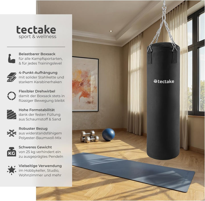tectake® Boxsack für Zuhause, Sandsack gefüllt mit 25 kg, inkl. Boxsack Halterung 4-Punkt Stahlkette