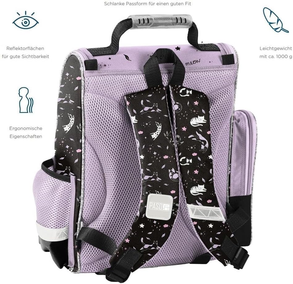 Familando - Schulranzen Set - 8-teilig mit Federmappe - Sweet Kitty Katze - Ergonomisch, stabil & mi