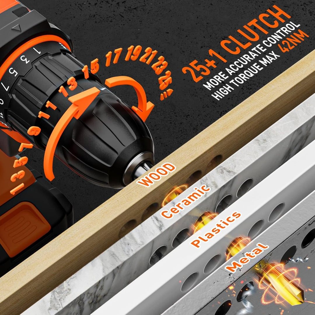 Akkuschrauber, 20V Akku Bohrschrauber Set mit 2 Akkus 2.0Ah Orange,25+1 Drehmomentstufen Akkubohrer,
