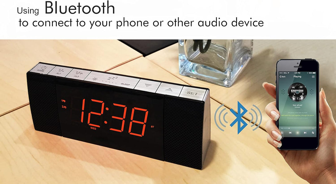 Radiowecker mit Bluetooth, FM Radio, Dual Wecker mit Snooze, USB-Aufladung, Auto und manueller Dimme