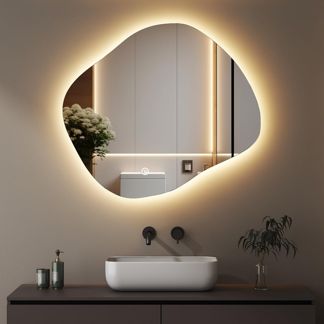 Boromal Asymmetrischer Spiegel mit Beleuchtung 84x74cm Asymmetrischer Badspiegel mit Beleuchtung LED