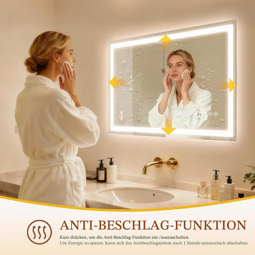 Clevich Badspiegel mit Beleuchtung und Uhr 80×60 cm, LED Spiegel mit 3 Lichtfarben dimmbar, gehärtet