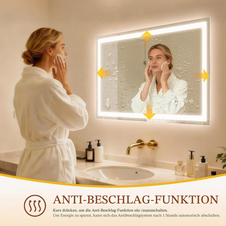 Clevich Badspiegel mit Beleuchtung und Uhr 80×60 cm, LED Spiegel mit 3 Lichtfarben dimmbar, gehärtet