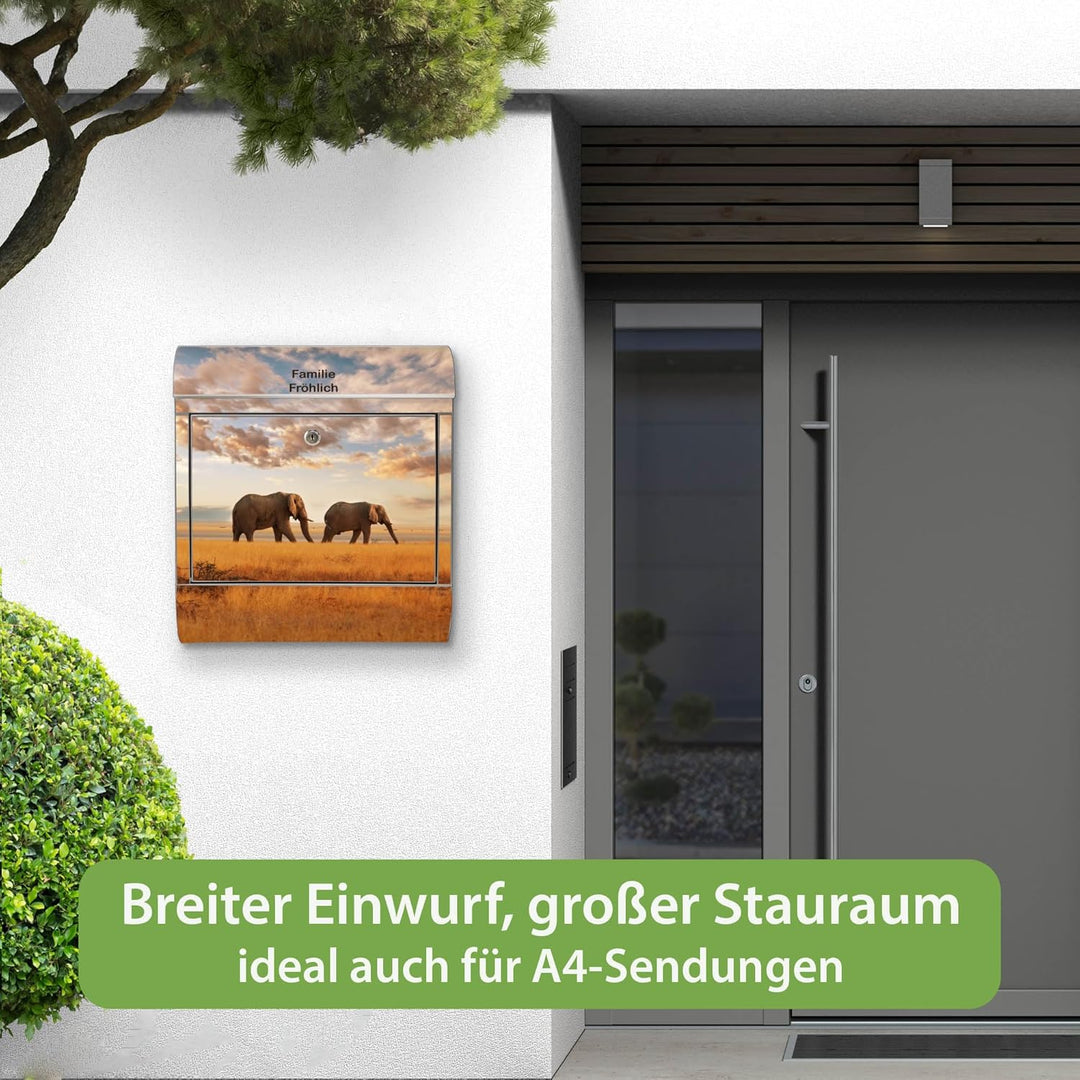 banjado® Briefkasten Edelstahl personalisiert mit Motiv Elefanten 38x43x12cm &amp; 2 Schlüssel - rostfre