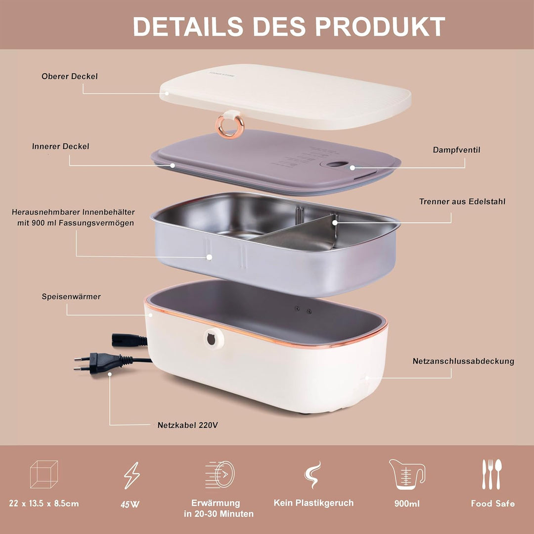 Bella Epoca: Tragbare Elektrische Wärmebox - Elegante Wärmende Lunchbox. Elektrische Lunchbox mit 2