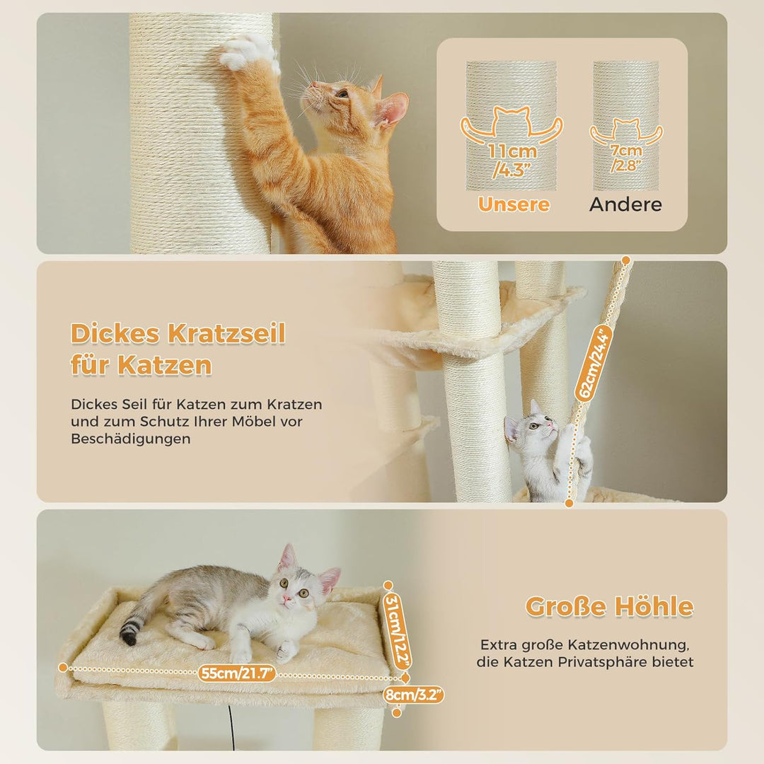 PAWZ Road Kratzbaum Grosse Katzen stabil mit Mehreren Ebenen, Hängematte, 13 Sisalpfosten(φ11cm), Gr