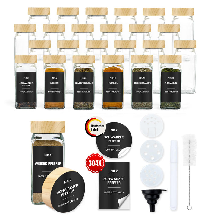 Gewürzgläser Eckig mit Etiketten Set 24er: Kleine Gewürzdosen Glas 120ml mit Streueinsatz Wasserfest