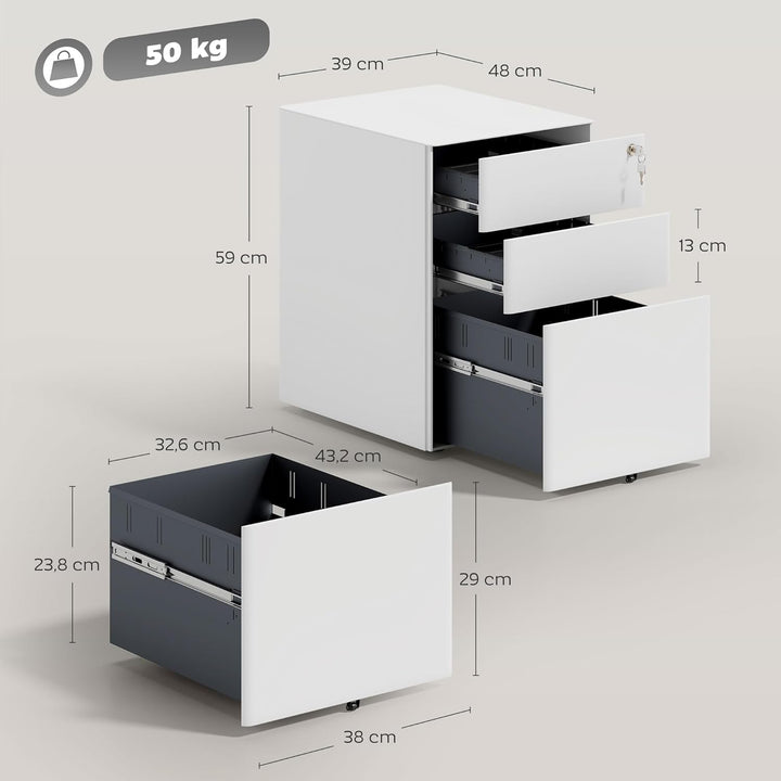 Vinsetto Rollcontainer mit 3 Schubladen mobiler Aktenschrank mit Rollen abschliessbar Büroschrank mi