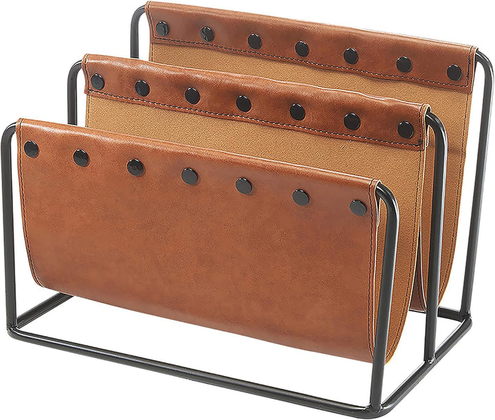 Kobolo Zeitungsständer aus Metall und Kunstleder braun mit Zwei Fächern 38x25x27cm