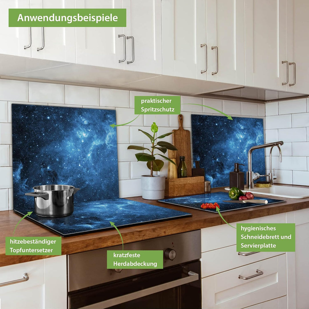 banjado® Herdabdeckplatte Glas 1-teilig 60x52 cm/Schneidebrett Herdabdeckung mit Motiv Universum/Her