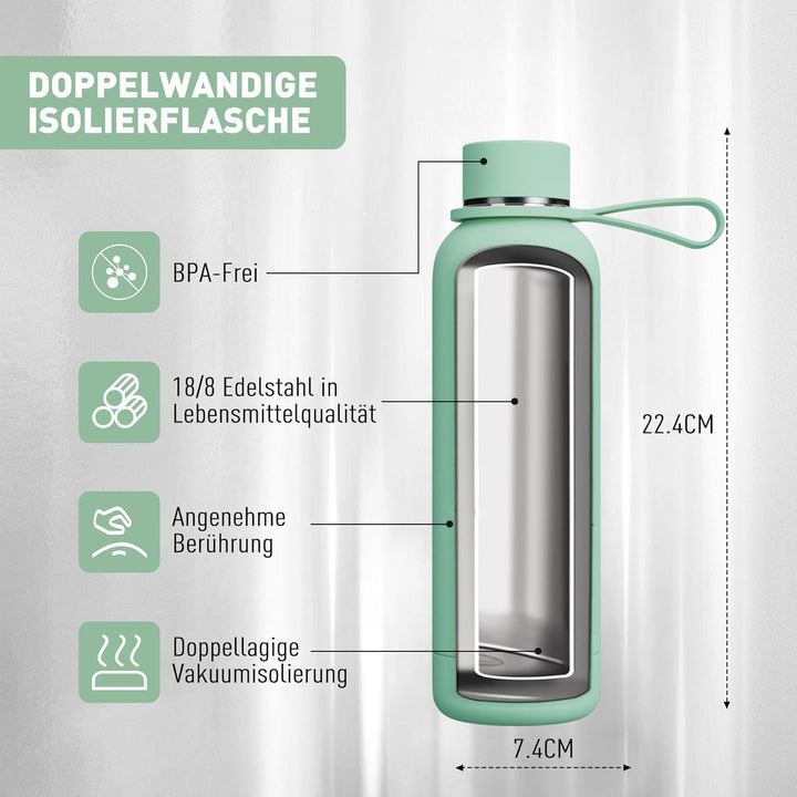 Exllena Trinkflasche Edelstahl 500ml - Hochwertige Thermosflasche Mit Silikongriff für Sport, Büro u