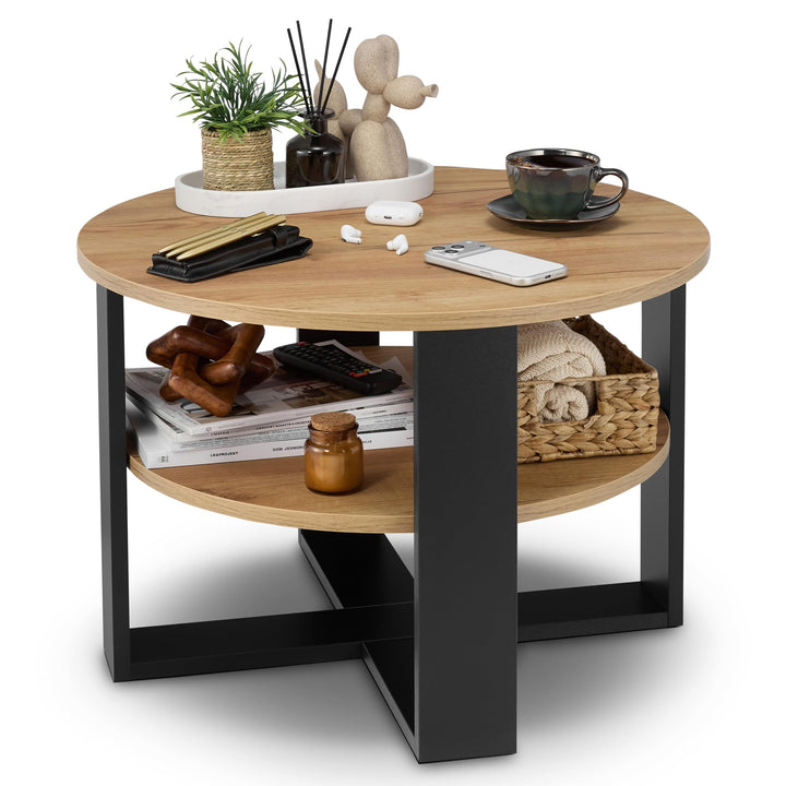 defiPad Couchtisch rund Eiche Ø70 cm - Beistelltisch mit Ablage - 2 Ebenen, runder moderner Kaffeeti