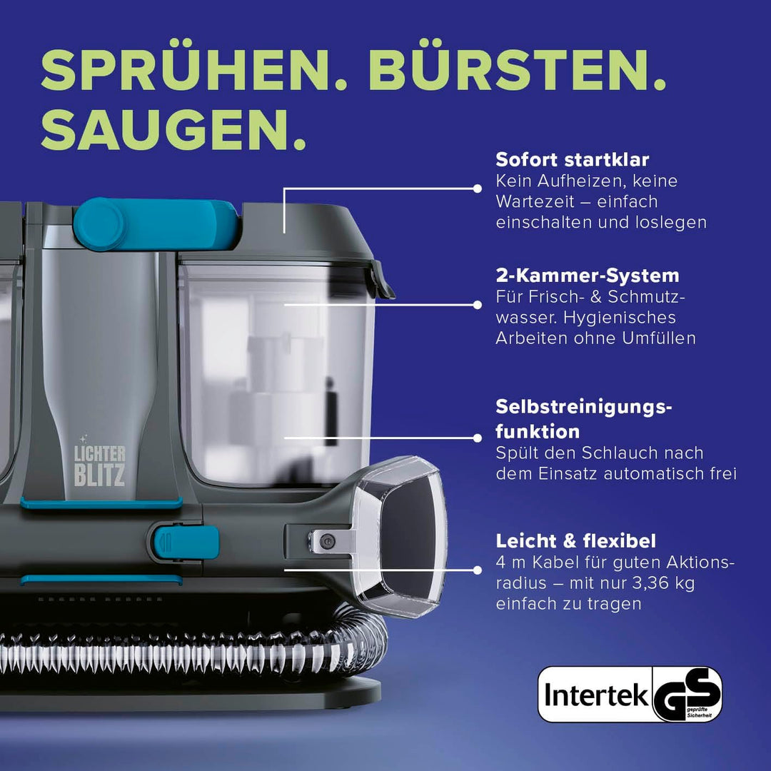 Waschsauger – kompaktes Polsterreiniger Gerät & Teppichreiniger mit 12 kPa Saugkraft | 2-in-1-Fugend