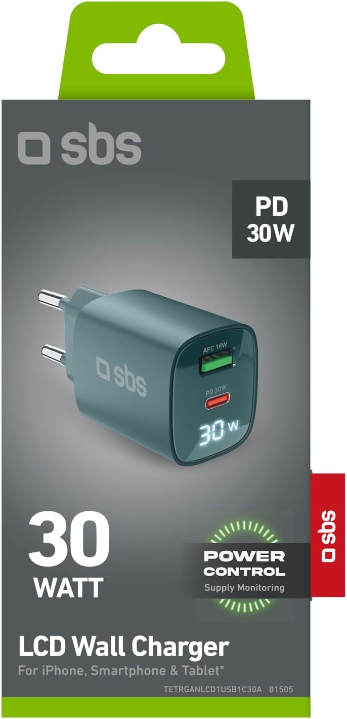 SBS Mehrport-Ladegerät 30W mit LCD, 1 USB-C-Anschluss und 1 USB-A-Anschluss, EU-Stecker, Power Deliv