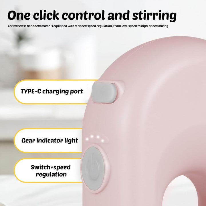 Elektrischer Handmixer: Rosa Handrührgerät mit 4 Stufen, Kabelloser Mixer Handrührer mit 2 Edelstahl