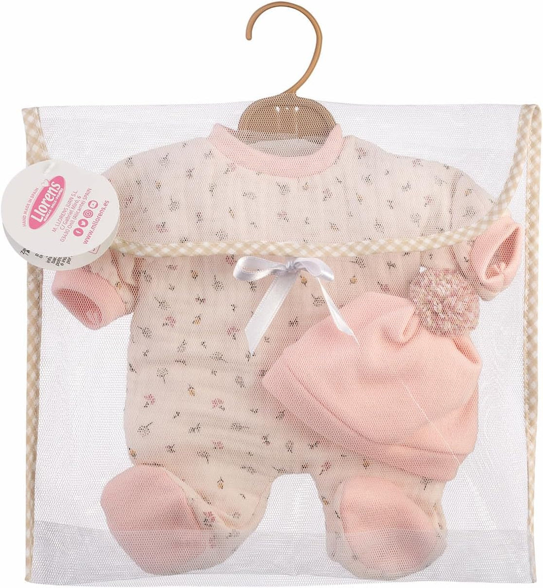 Llorens 1063210 Puppenkleidung für 30 bis 32cm Puppen, beiges Pyjama Set mit Blümchen, Puppenschlafa
