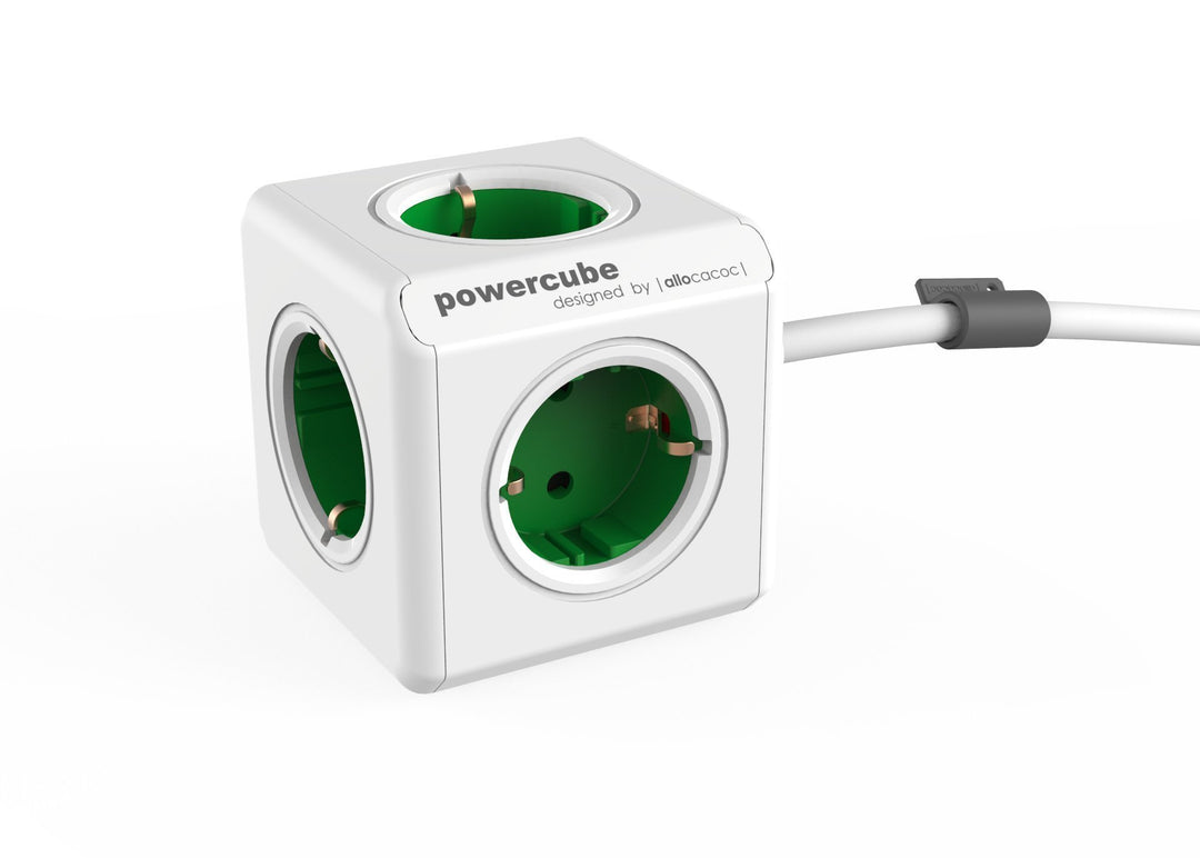 allocacoc PowerCube Extended EU, 5x Steckdose und Verteiler, 230V Schuko, Weiss Grün