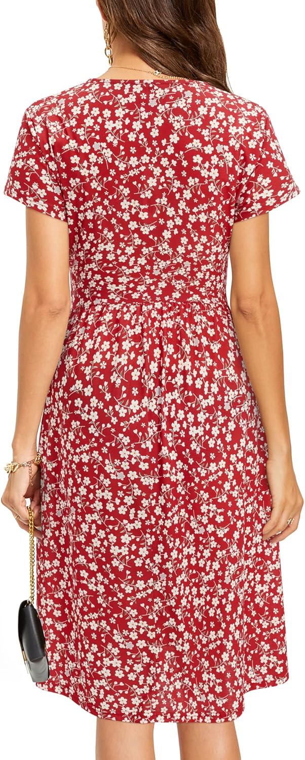 STYLEWORD Damen Sommerkleid Kurzarm V-Ausschnitt Kleider Blumenmuster Kleid Wickelkleid Mit Taschen