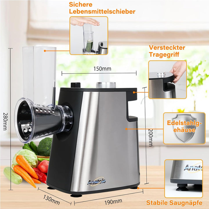 Anatole Gemüseschneider Elektrisch Gemüsehobel Edelstahl Käsereibe 250W Zerkleinerer Küche Spiralsch