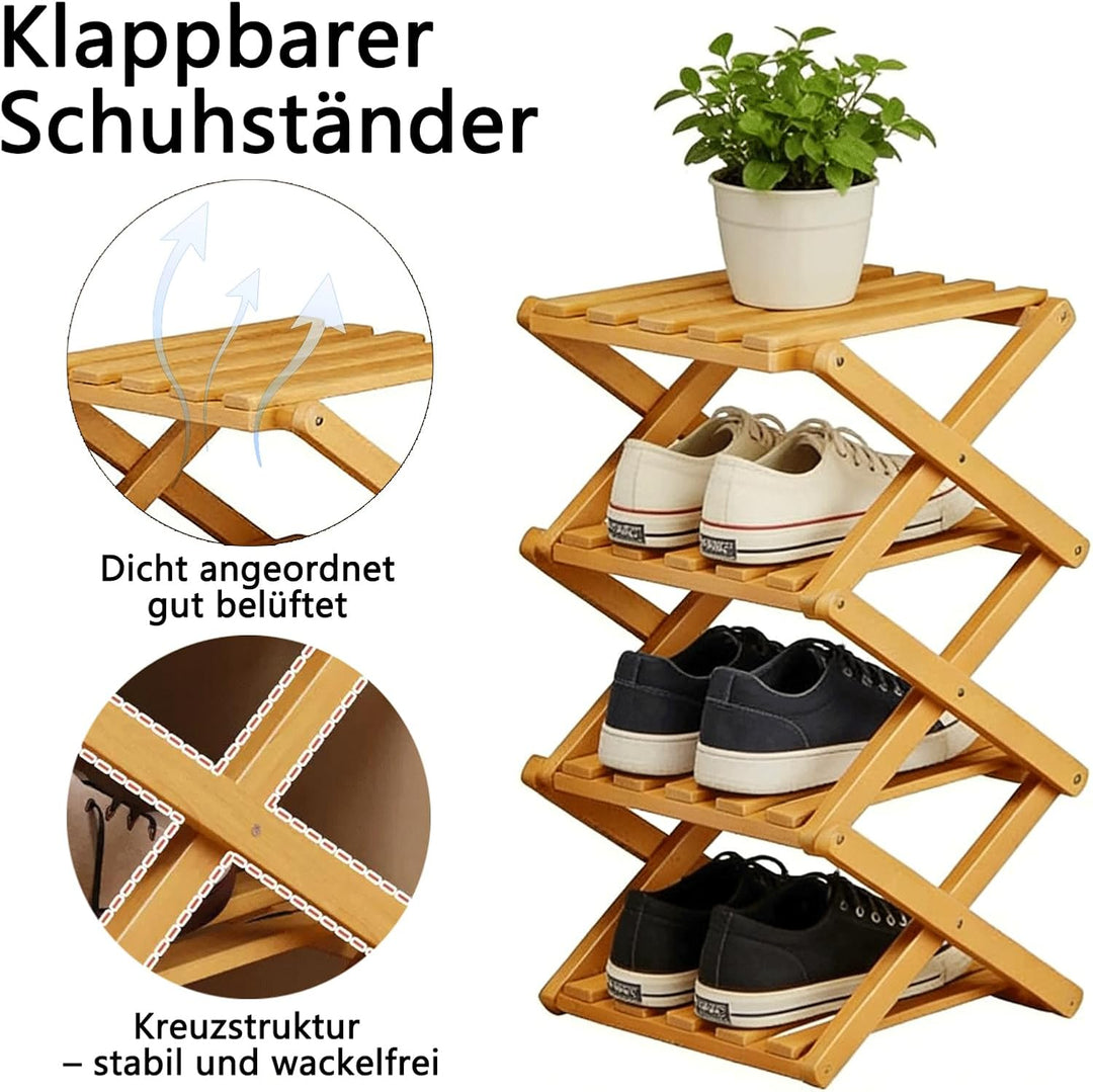 Klappbarer 4-Fach Schuhständer aus Bambus, Höhenverstellbar & Montagefrei – Platzsparender Schuhorga