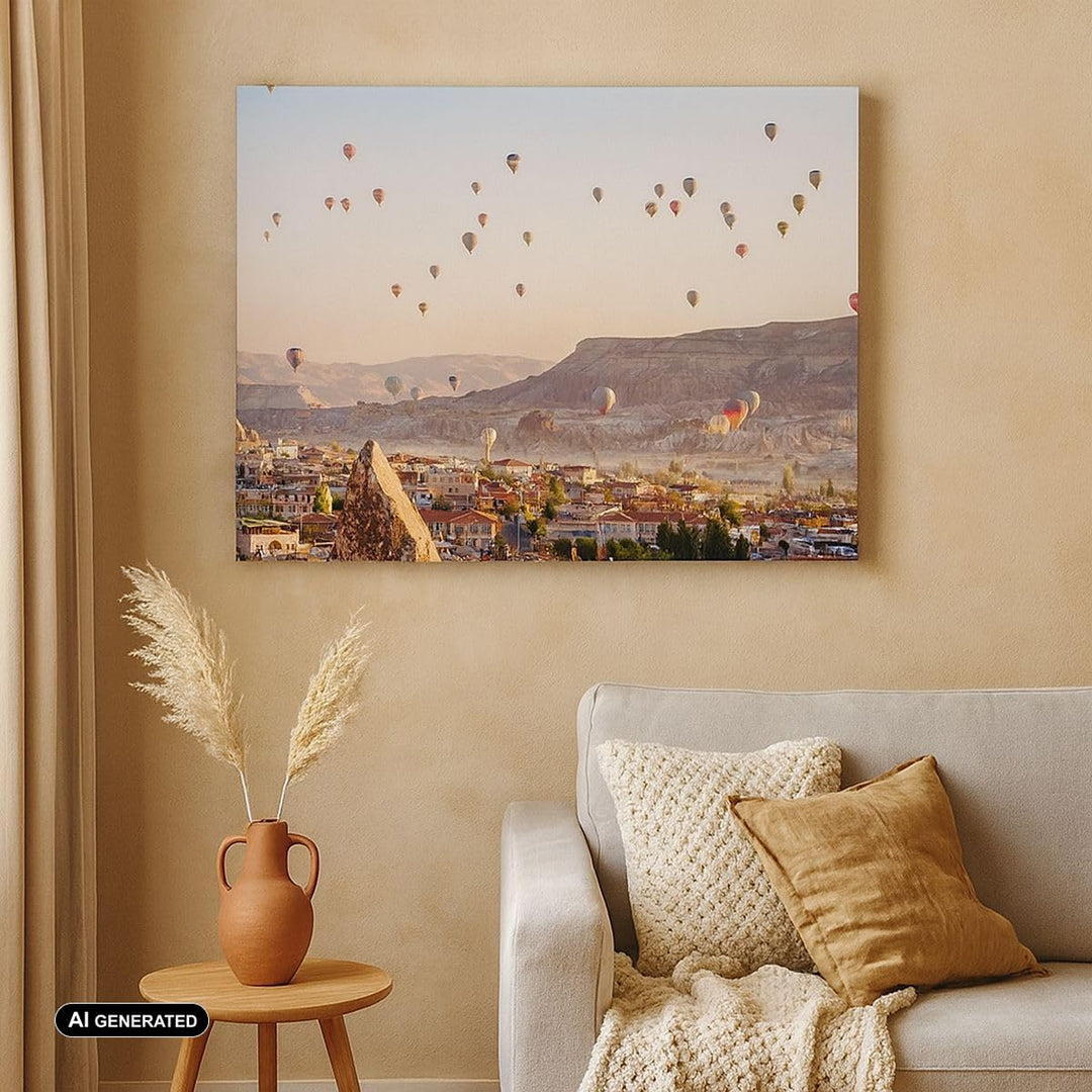 Bilder auf Leinwand 100x70cm Leinwandbild mit Rahmen Berge Ballon Flug Gross Wanddeko Bild Schlafzim
