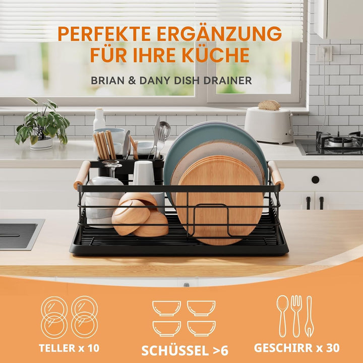 BRIAN & DANY Abtropfgestell mit Abtropfschale und Bestecksammler, Schwarz, 42× 30× 15, Geschirrständ