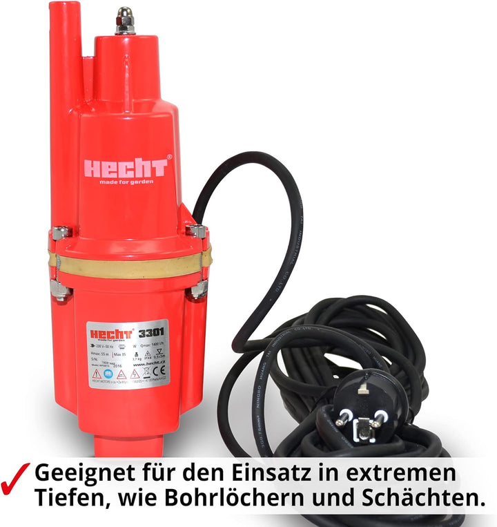 HECHT Tiefbrunnenpumpe – 260 Watt / 230v -240 v – 70 m Förderhöhe – 1400 l/h Fördermenge Wasser – Me