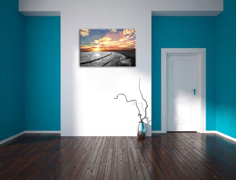 Strand bei romantischem Sonnenuntergang schwarz/weiss Format: 100x70 auf Leinwand, XXL riesige Bilde