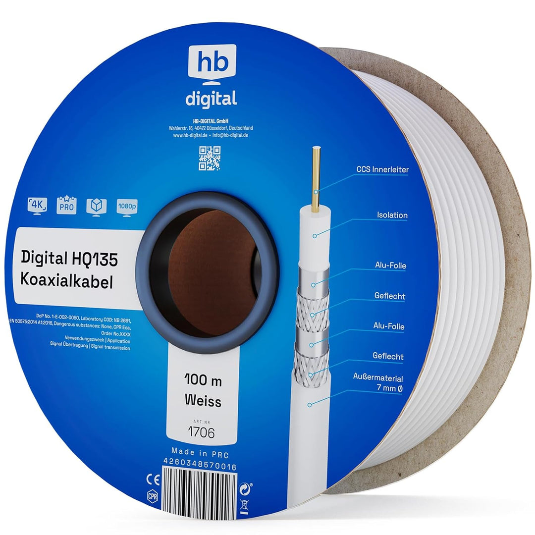 HB-DIGITAL 100m Koaxialkabel HQ-135 Antennenkabel 135dB SAT Kabel 8K 4K UHD 4-Fach geschirmt für DVB