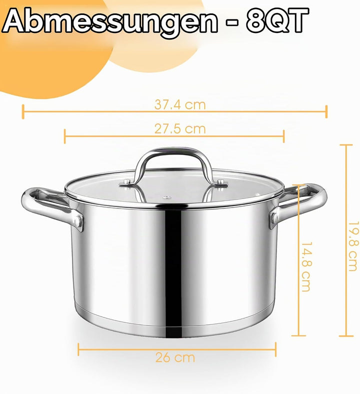 Herogo Kochtopf 26 cm, 6,7 L Edelstahl Suppentopf Induktion Topf mit Glasdeckel, Nudeltopf Fleischto