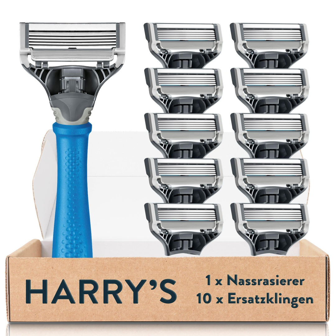 Harry’s Nassrasierer für Männer – Rasier-Set mit blauem Griff, 10 Ersatz-Rasierklingen Rasierer, Ras