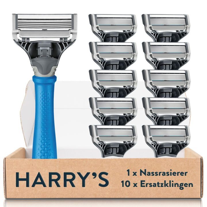 Harry’s Nassrasierer für Männer – Rasier-Set mit blauem Griff, 10 Ersatz-Rasierklingen Rasierer, Ras
