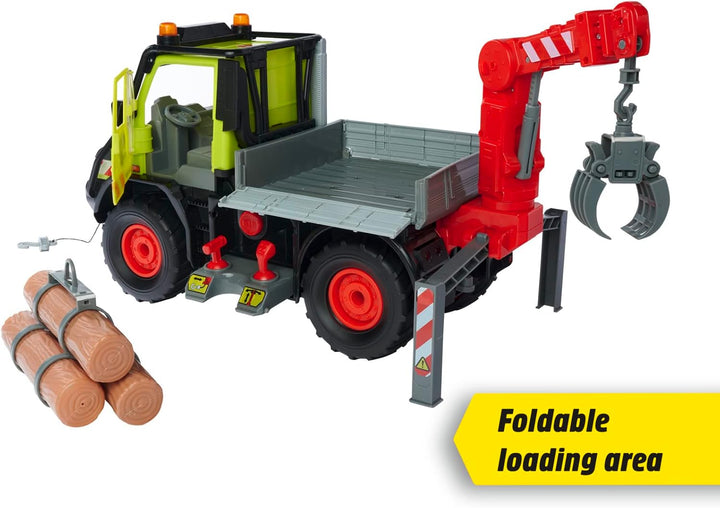 Dickie Toys - Unimog Holztransporter - mit elektrischer Seilwinde und Kranarm mit Joystick-Steuerung