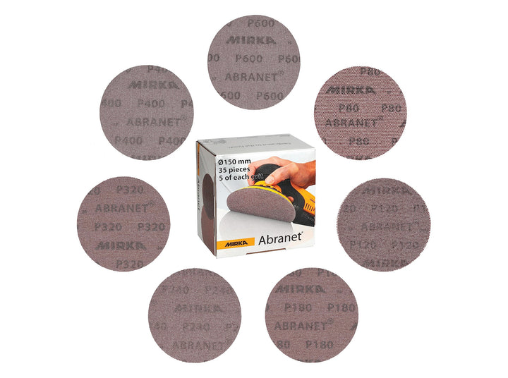 Mirka Abranet Netzschleifscheiben Ø 150mm Klett/Mix-Pack 5 von jeder Körnung 80, 120, 180, 240, 320,