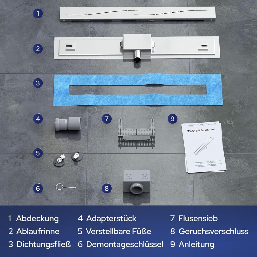 VILSTEIN Duschrinne 70cm, Edelstahl Bodenablauf Komplettset, extra flach, Siphon mit Geruchsstop, Ha