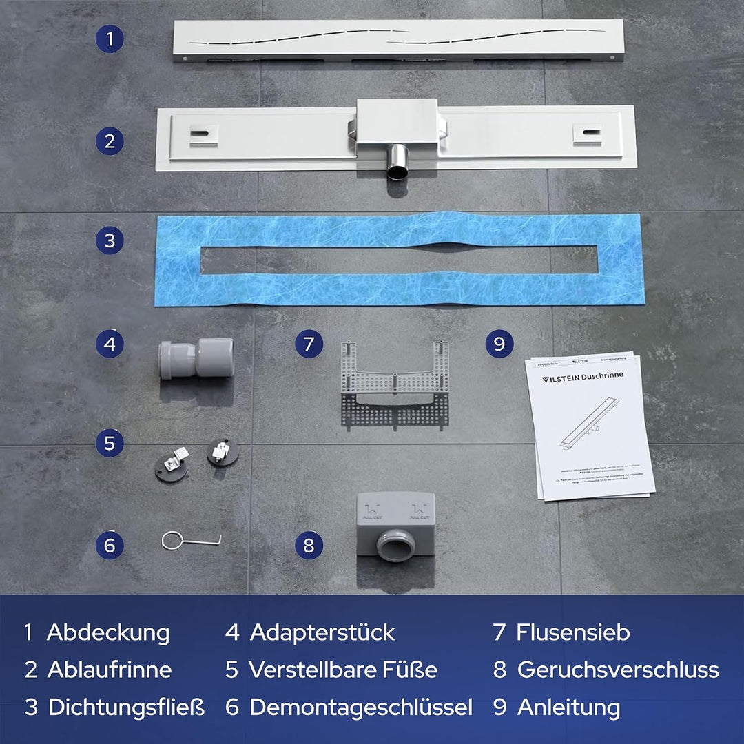 VILSTEIN Edelstahl Duschrinne 100cm, Komplettset extra flach, entnehmbares Haarsieb, Siphon mit Geru