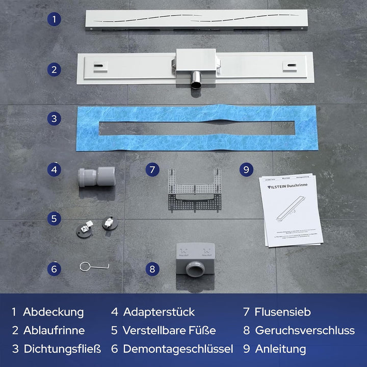 VILSTEIN Edelstahl Duschrinne 100cm, Komplettset extra flach, entnehmbares Haarsieb, Siphon mit Geru