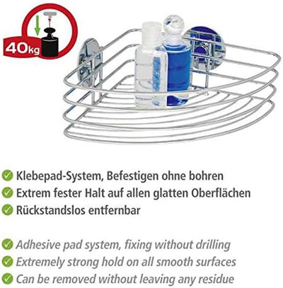 WENKO Turbo-Loc Eckablage, Badeck Ablage, Bis 40 kg belastbar, Verchromter Stahl, 26,5 x 10,5 x 20 c