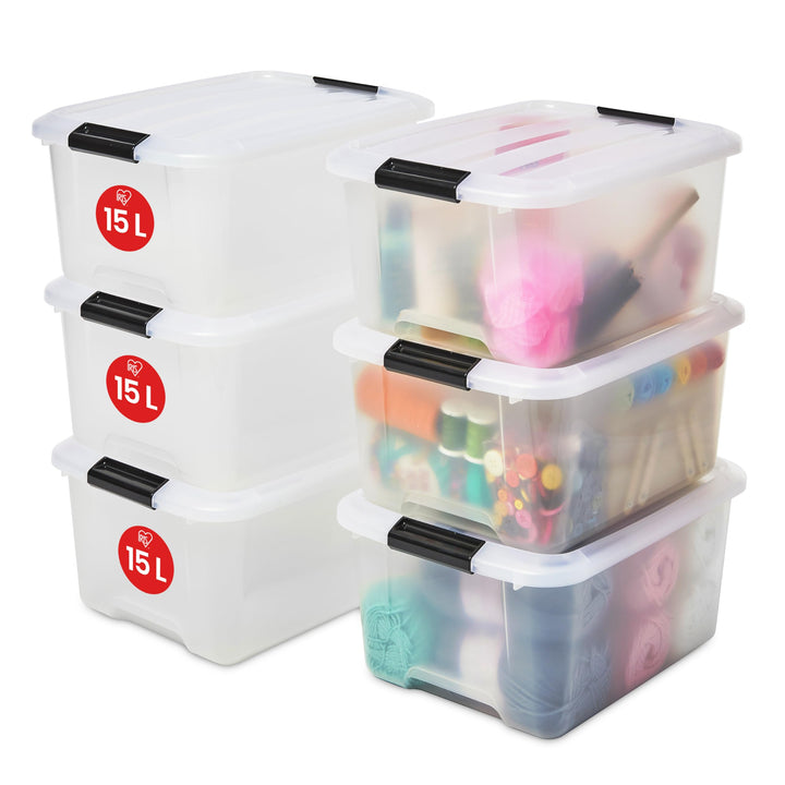 Iris Ohyama, 6er-Set, Aufbewahrungsboxen, 15 L, mit Clips, stapelbar, Wohnzimmer, Schlafzimmer, Gara