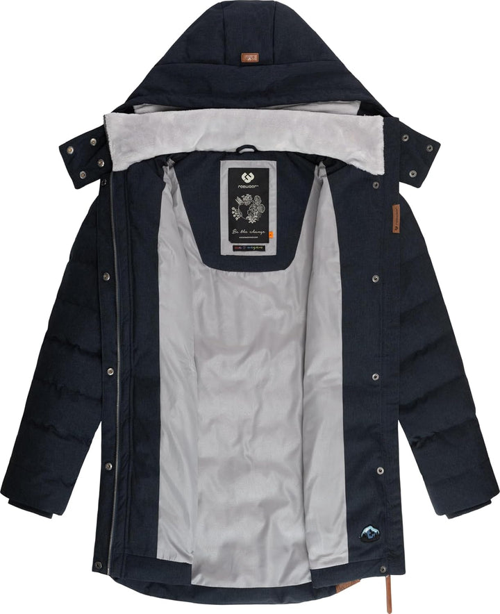 Ragwear Damen Wintermantel Warmer wasserdichter Steppmantel lang mit Kapuze Ashanta Block XS-6XL S N