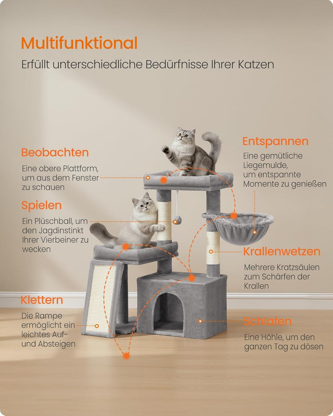 Feandrea Kratzbaum, Katzenbaum mit Kratzsäulen, Rampe, Katzenkratzbaum, 2 grosse Plattformen, Höhle