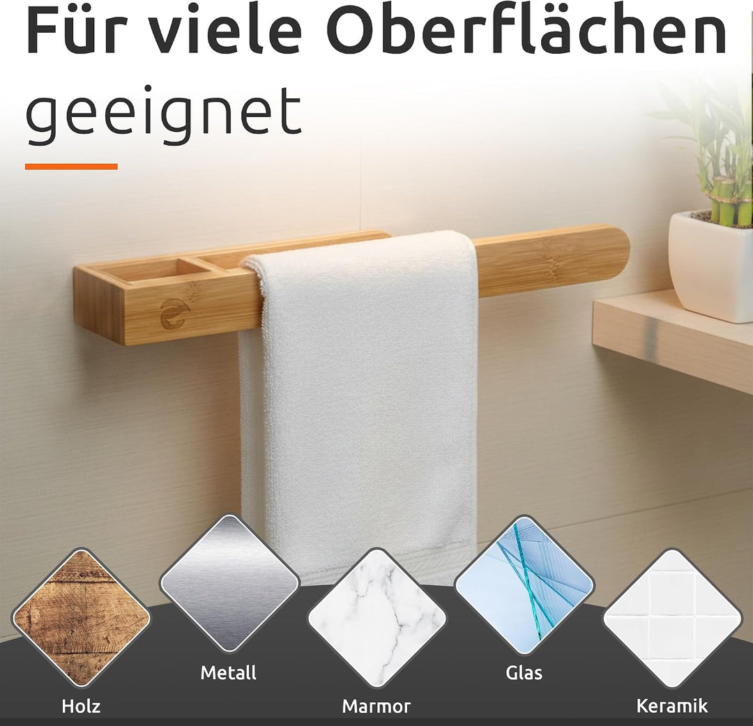 ECENCE Handtuchhalter Holz ohne Bohren, Natürlich &amp; Stilvoll, Selbstklebende Handtuchstange aus Bamb
