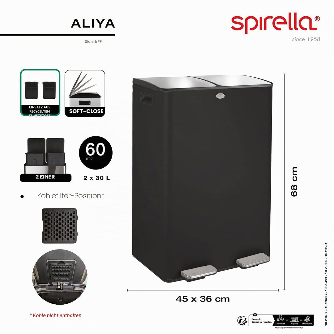 Spirella – Küchenabfalleimer, 60 l Fassungsvermögen (2 x 30 l) mit Pedal – Modell Aliya – Gebürstete
