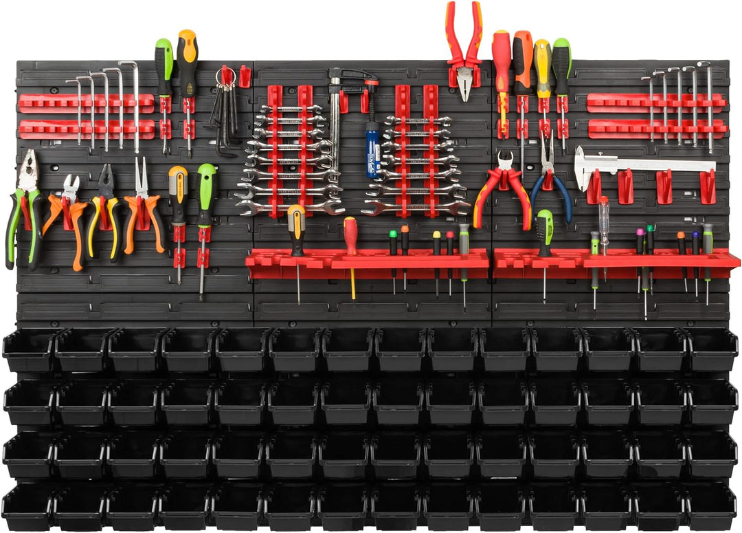 Lagersystem Werkstattregal | 117 x 78 cm | 56 stck. Box | Wandregal mit Werkzeughalterungen und Stap